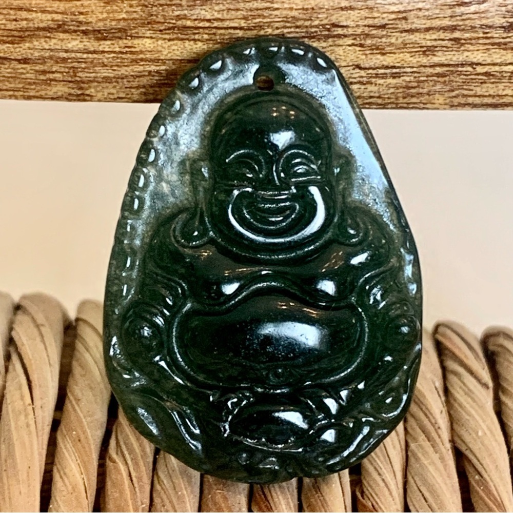 Dark Green Laughing Buddha Jade Pendant Hand Carved Auspicious Fortune Jewelry